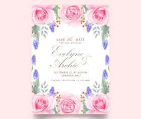 Wedding invitation card with pink flower vectors 02