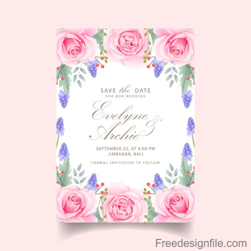 Wedding invitation card with pink flower vectors 02