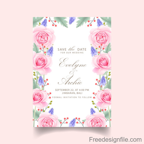 Wedding invitation card with pink flower vectors 03