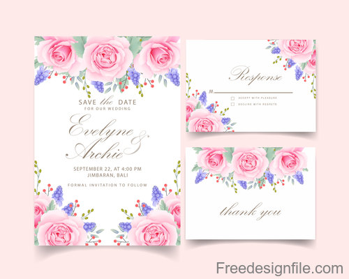 Wedding invitation card with pink flower vectors 04