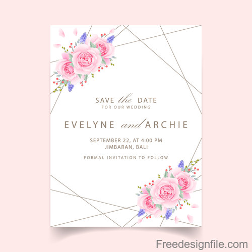 Wedding invitation card with pink flower vectors 06