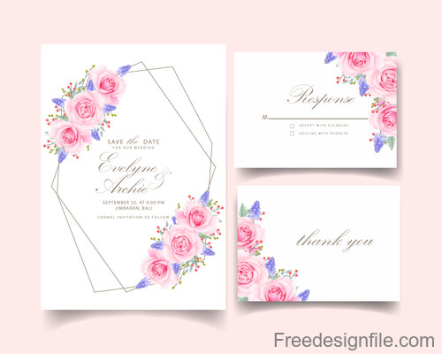 Wedding invitation card with pink flower vectors 07