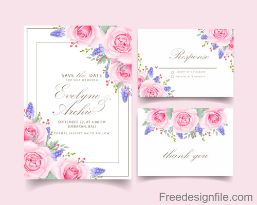 Wedding invitation card with pink flower vectors 09