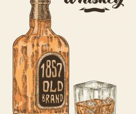 Whiskey bottle and glass illustration sketch vector
