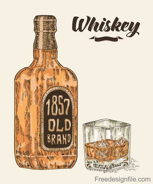 Whiskey bottle and glass illustration sketch vector