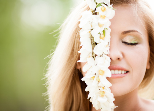 Woman and white flowers Stock Photo