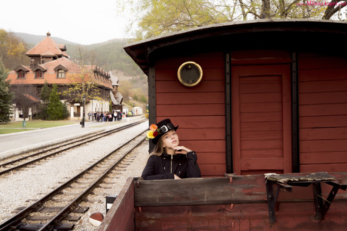 Woman standing on vintage train Stock Photo