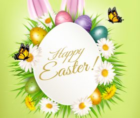 holiday easter background with colorful easter eggs and rabbit ears vector