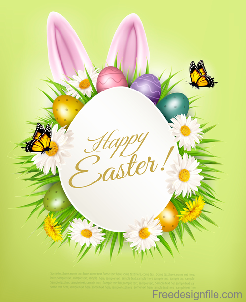 holiday easter background with colorful easter eggs and rabbit ears vector