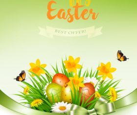 holiday easter background with grass and flowers and colorful eggs vector