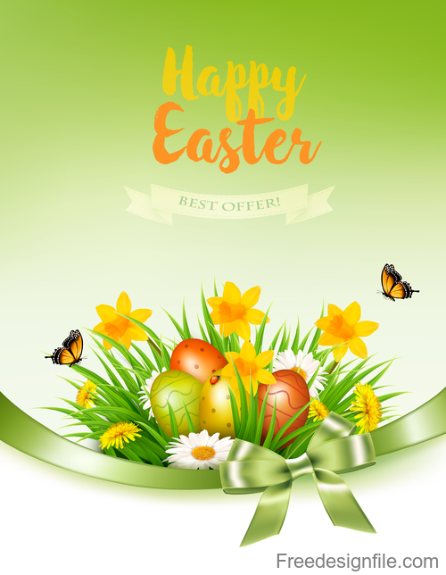 holiday easter background with grass and flowers and colorful eggs vector