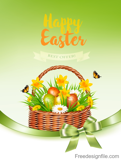 holiday easter banners with grass and flowers in basket vector