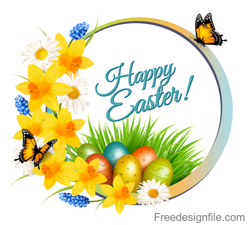 holiday easter getting card with flowers and grass vector