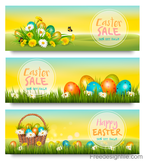 holiday easter sale banners with green grass and colorful eggs vector