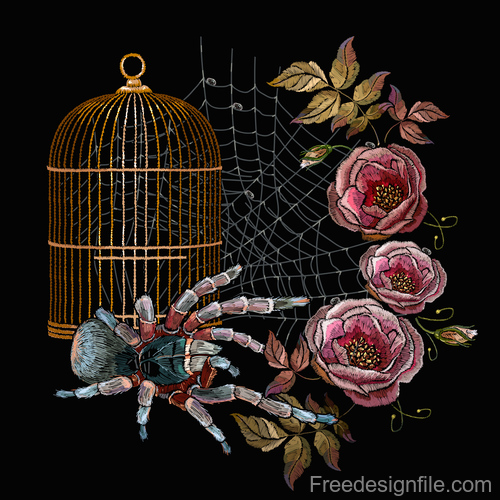 spiders embroidery on clothes design vector 03