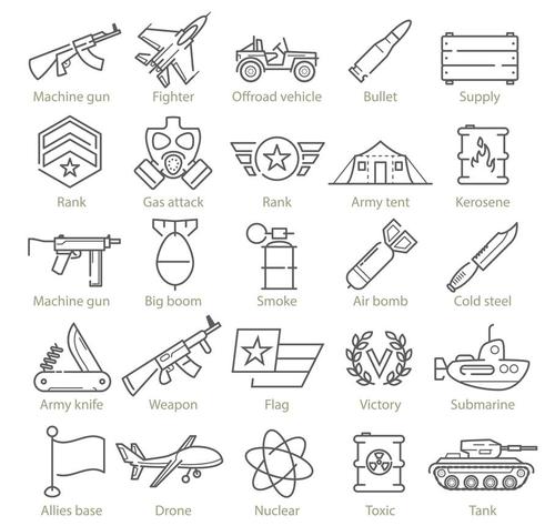 Armed conflict and war linear icons vector