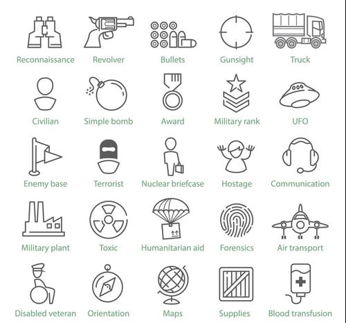 Armed force and war linear icons vector