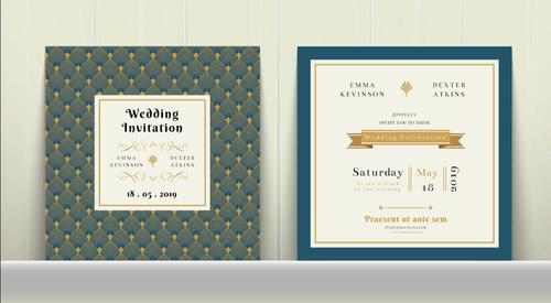 Art Deco Wedding Invitation Card in Gold and Blue vector