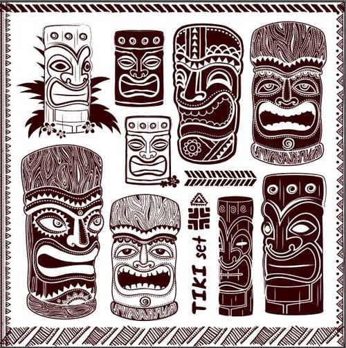 Black and white face Aloha Tiki statue illustration vector