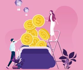 Business man and woman trying collect money to a purse vectors