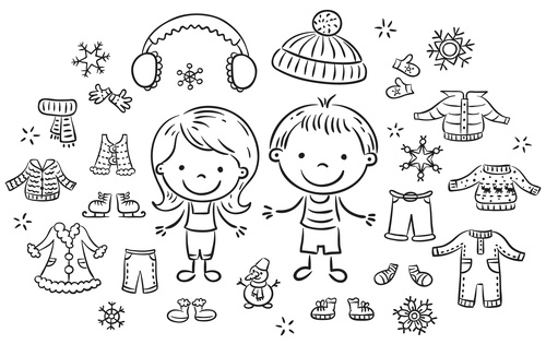 Cartoon black and white sketch kids winter clothes vector free download