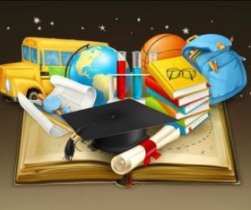 Cartoon book and school bus vector