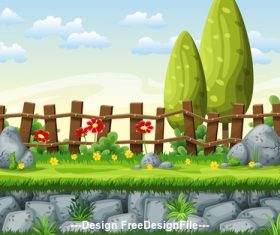 Cartoon fence and red flowers green tree vector