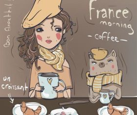Cartoon girl drinking coffee and eating croissant vector