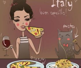 Cartoon girl eating pizza vector