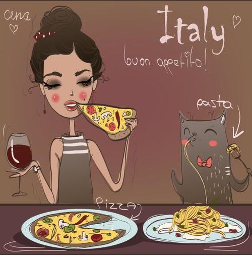 Cartoon girl eating pizza vector