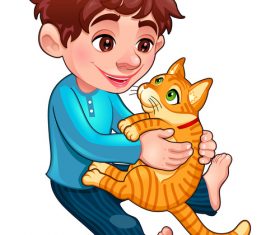 Cartoon little boy and cat vectors