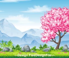 Cartoon mountains and cherry trees vector