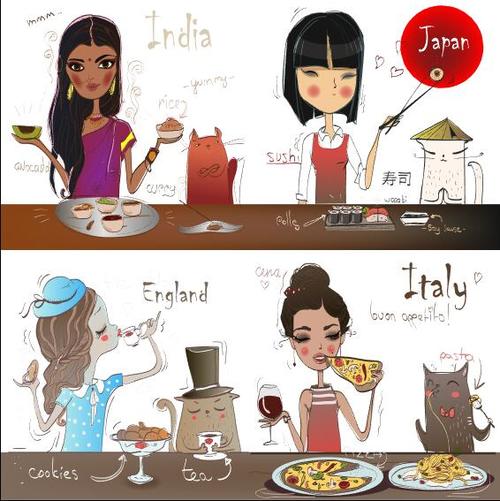 Cartoon national cuisine vector free download