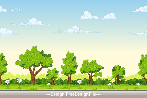 Cartoon nature landscape tree and white small flowers vector