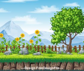 Cartoon sunflower and green tree vector