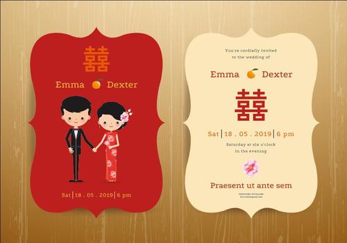 China style bride and groom wedding invitation card vector