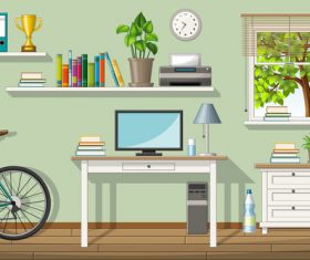 Classic living room computer table bicycle and bookshelf trophy vectors
