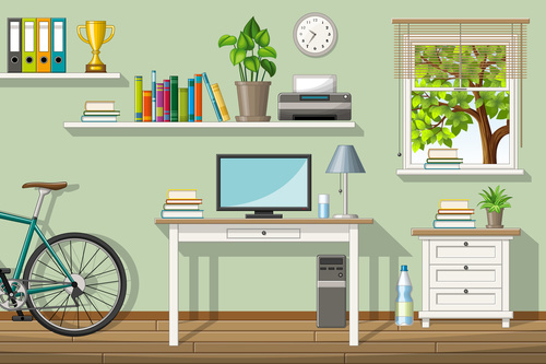 Classic living room computer table bicycle and bookshelf trophy vectors