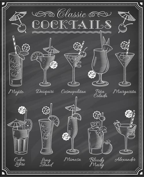 Cocktails blackboard menu cover vectors