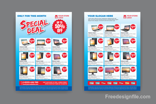 Computers and tablets discount flyer blue vector