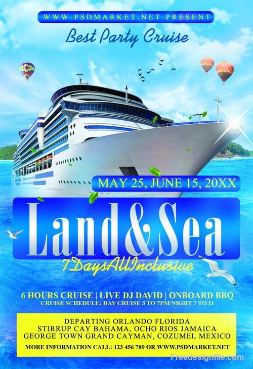 Cruise ship with sea party flyer psd template