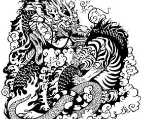 Dragon and tiger fight black white silhouette vector