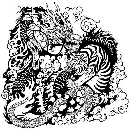 Dragon and tiger fight black white silhouette vector