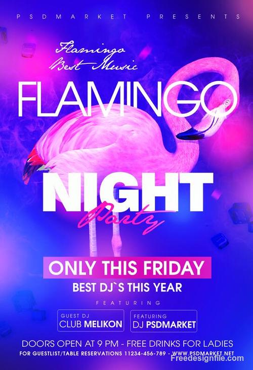Flamingo night party flyer psd template