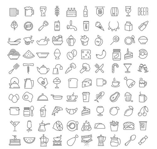 Food and drink linear icons vector