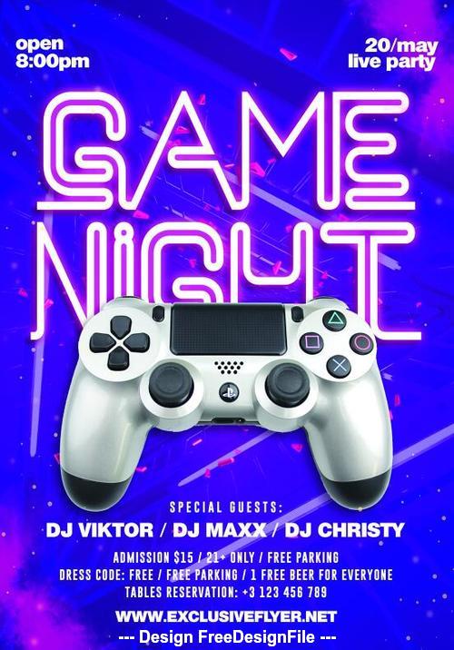 Game party night psd template with neon