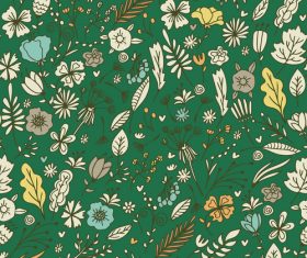 Green background flowers and leaves seamless pattern vector