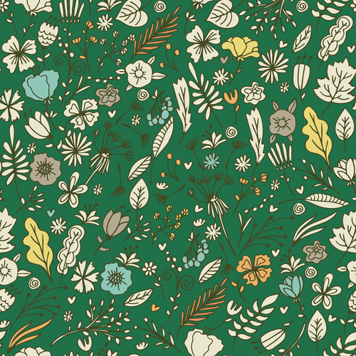 Green background flowers and leaves seamless pattern vector