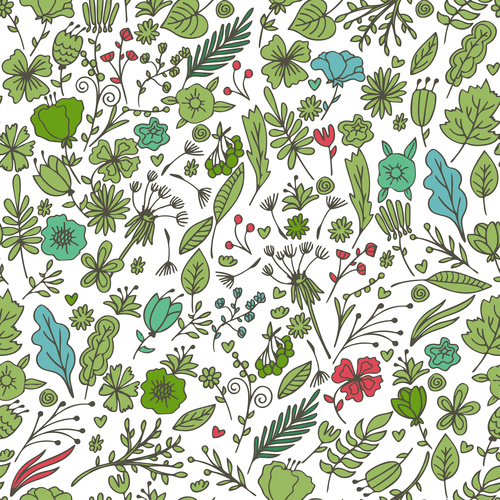 Green plants and flowers seamless pattern background vector