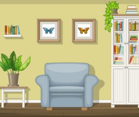 Living room shelves and butterfly specimens on the wall vectors